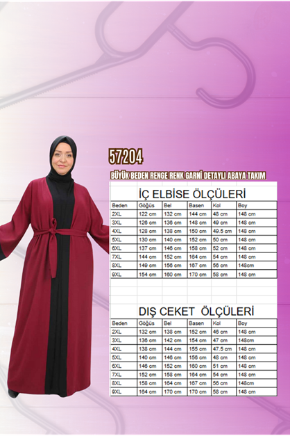 57204 Büyük Beden Patı Garnili Etamin Elbiseli Abaya - Bordo-Siyah