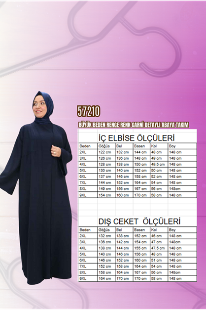 57210 Büyük Beden Renge Renk Garni Detaylı Abaya Takım - Lacivert