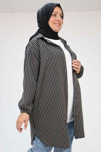 58068 Büyük Beden Erkek Yakalı Gömlek - Çizgili Siyah