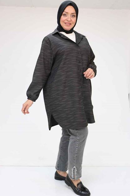 58068 Büyük Beden Erkek Yakalı Gömlek - Siyah Kırçıllı