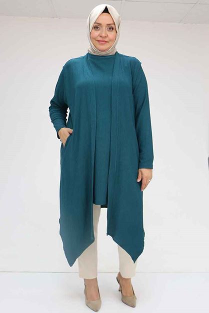 57202 Büyük Beden Yelek-Tunik İkili Bürümcük Takım - Petrol