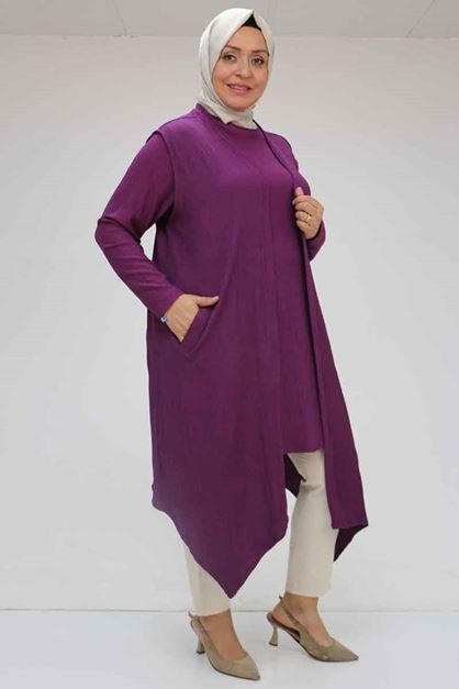 57202 Büyük Beden Yelek-Tunik İkili Bürümcük Takım - Mürdüm