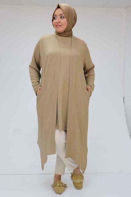 57202 Büyük Beden Yelek-Tunik İkili Bürümcük Takım - Vizon