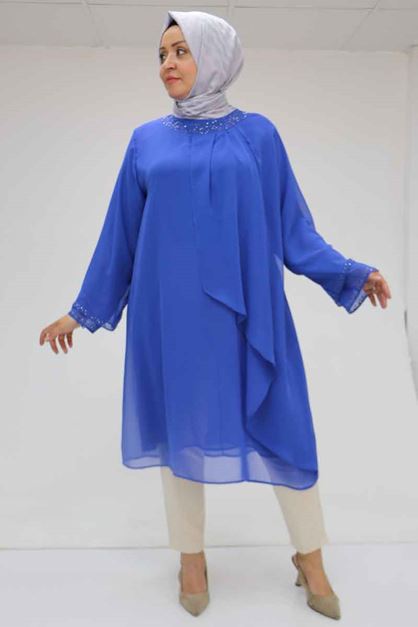 F-58015 Büyük Beden Yakası Taş Detaylı Şifon Tunik - Saks