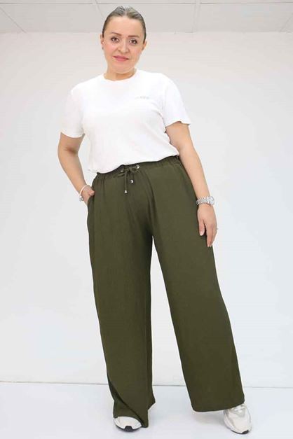39012 Plus Size Wrinkled Wide Leg Trousers-Khaki