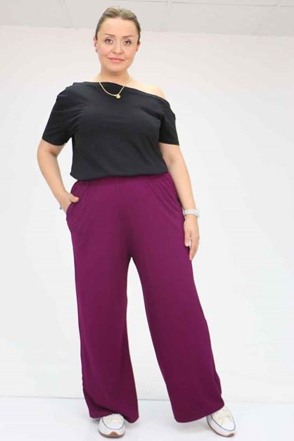 9012 Plus Size Elastic Waist Pants - Plum