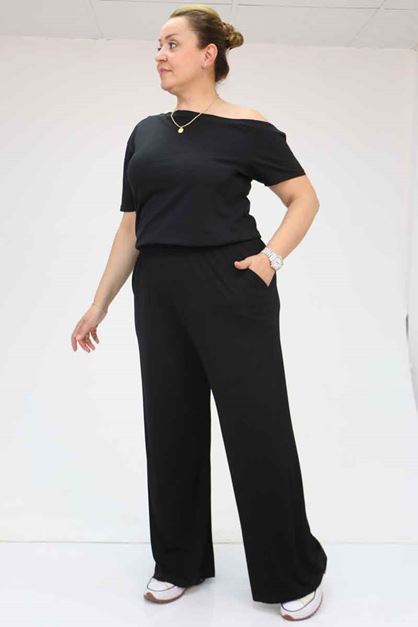 39000 Plus Size High Waist Elastic Wide Leg Combed Cotton Trousers - Black