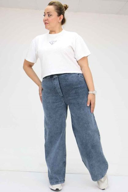 9182-7 Büyük Beden Beli Lastikli Bol Paça Kot Pantolon - Kar Yıkama Lacivert