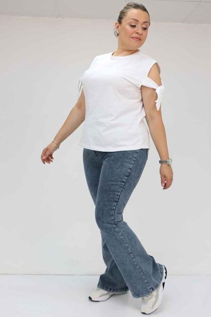 D-9137-17 Büyük Beden Beli Lastikli İspanyol Paça  Kot Pantolon - Kar Yıkama Lacivert 