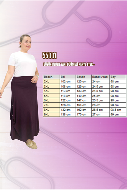 55001 Büyük Beden Yanı Düğmeli Penye Etek - Mürdüm