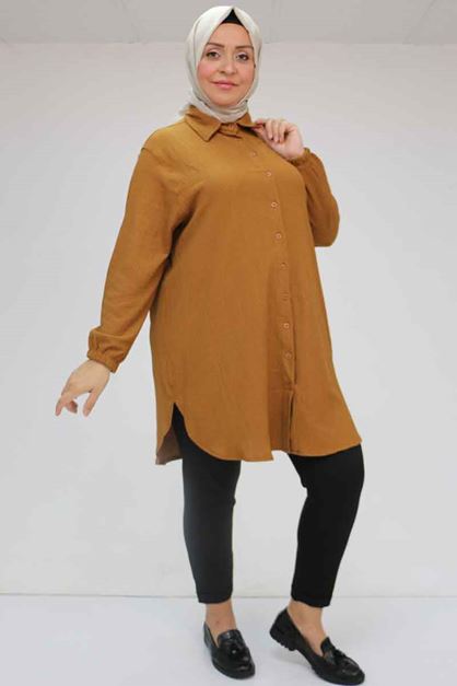 F-58007 Büyük Beden Erkek Yakalı Bürümcük Gömlek - Taba