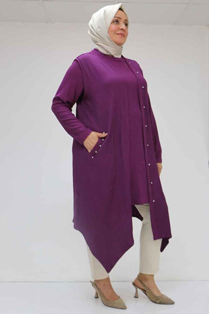 57212 Büyük Beden Yelek-Tunik Taş Detaylı Bürümcük Takım - Mürdüm