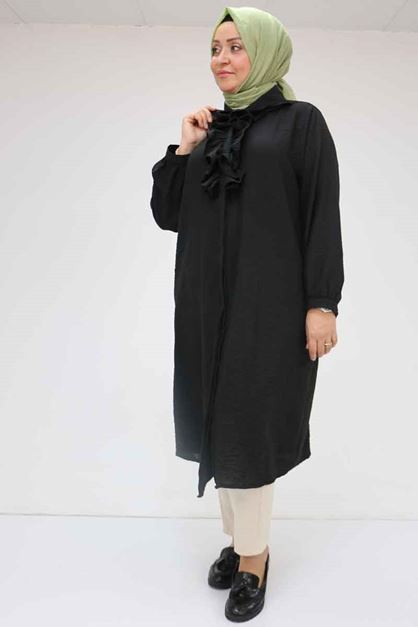 F-58029 Büyük Beden Önü Fırfırlı Düğmeli Keten Gömlek - Siyah