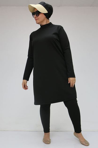 1737 Büyük Beden Uzunkol Tesettür Mayo - Siyah