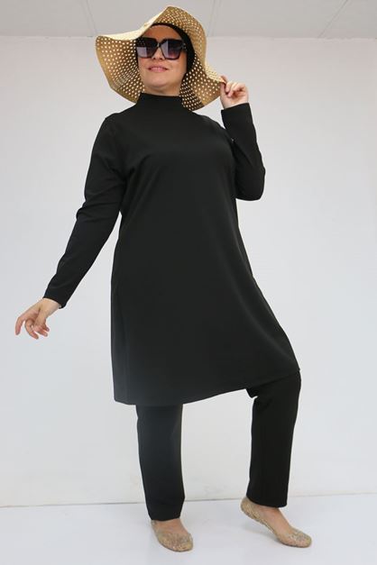 1738 Büyük Beden Uzunkol Tesettür Mayo - Siyah