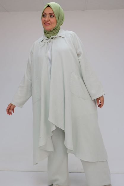 57017 Büyük Beden Torba Cepli Müslin Pantolonlu Takım - Açık Gri