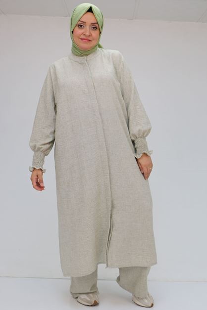 57025 Büyük Beden Kolları Bebe Lastikli Hakim Yaka Etamin Pantolonlu Takım - Haki