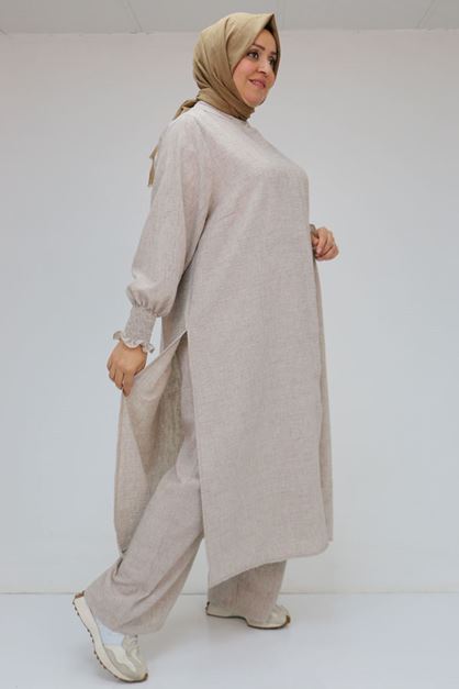 57025 Büyük Beden Kolları Bebe Lastikli Hakim Yaka Etamin Pantolonlu Takım - Kahve