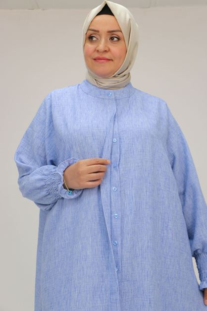 57025 Büyük Beden Kolları Bebe Lastikli Hakim Yaka Etamin Pantolonlu Takım - Mavi