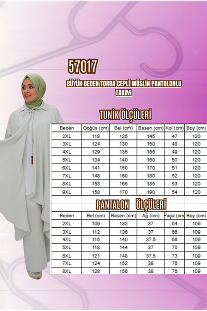 57017 Büyük Beden Torba Cepli Müslin Pantolonlu Takım - Açık Gri