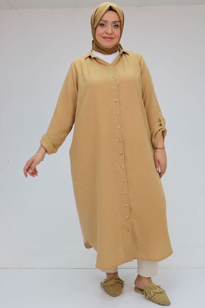 F-58073 Büyük Beden Kolları Katlamalı Erkek Yaka Keten Tunik - Taba