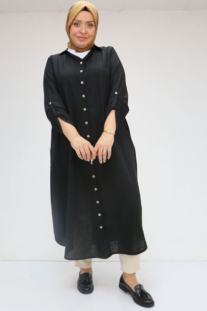 F-58073 Büyük Beden Kolları Katlamalı Erkek Yaka Keten Tunik - Siyah
