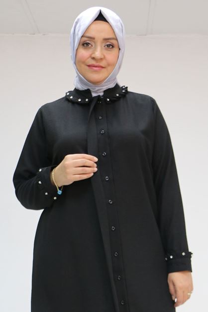 F-58024 Büyük Beden Yaka Ve Kol Manşeti Taşlı Keten Tunik - Siyah