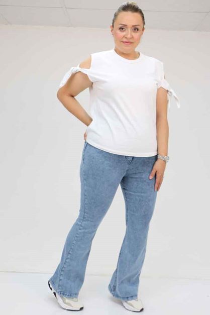 D-9137-17 Büyük Beden Beli Lastikli İspanyol Paça  Kot Pantolon - Kar Yıkama Mavi