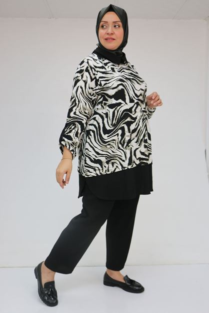 57027 Büyük Beden Erkek Yaka Kombinli Pantolonlu Bürümcük Takım - Nefti-Siyah