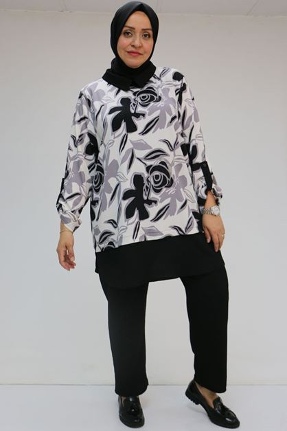 57027 Büyük Beden Erkek Yaka Kombinli Pantolonlu Bürümcük Takım - Gri-Siyah