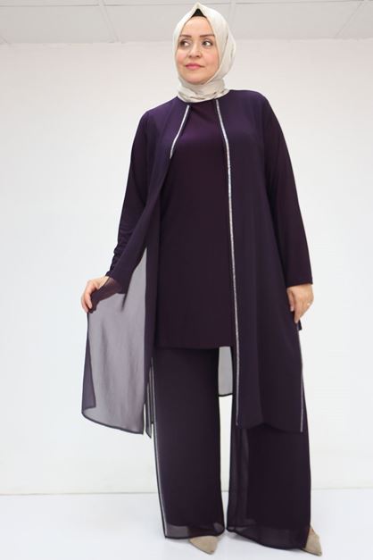 F-47048 Büyük Beden Taş Detaylı Sandy-Şifon Pantolonlu Takım - Mürdüm