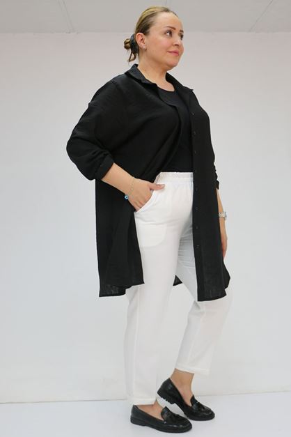 59009 Büyük Beden Beli Lastikli Duble Paça Pantolon - Ekru