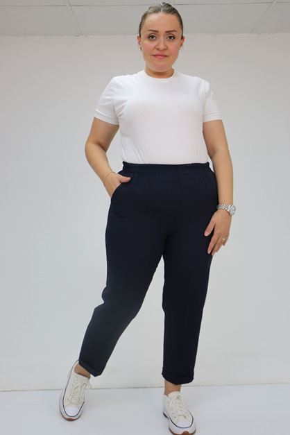 59009 Büyük Beden Beli Lastikli Duble Paça Pantolon - Lacivert