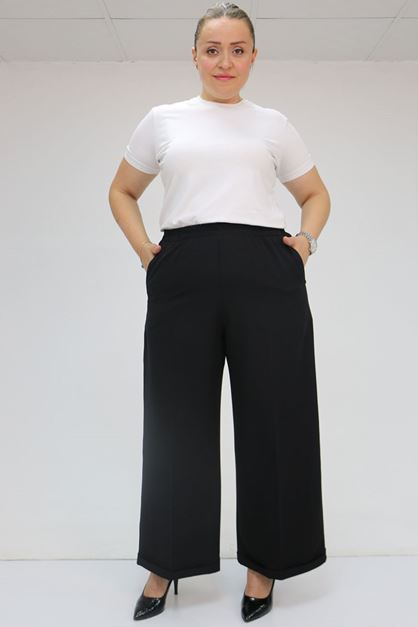 59008 Büyük Beden Beli Lastikli Duble Paça Pantolon - Siyah