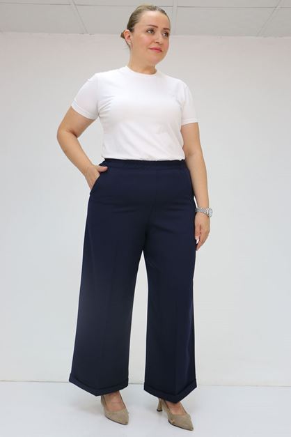 59008 Büyük Beden Beli Lastikli Duble Paça Pantolon - Lacivert