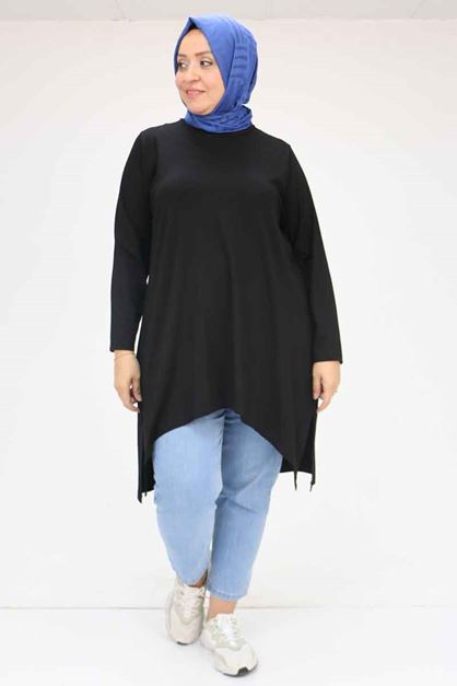 58070 Büyük Beden Asimetrik Kesim Penye Tunik - Siyah