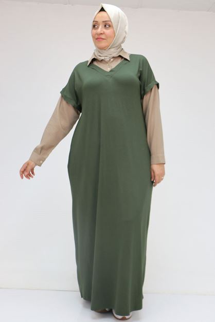 52009 Büyük Beden Kol Ve Yaka Garnili Penye Elbise - Haki-Vizon