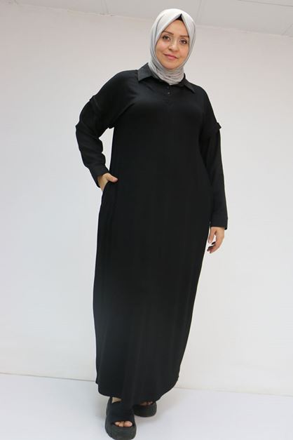 52009 Büyük Beden Kol Ve Yaka Garnili Penye Elbise - Siyah-Siyah