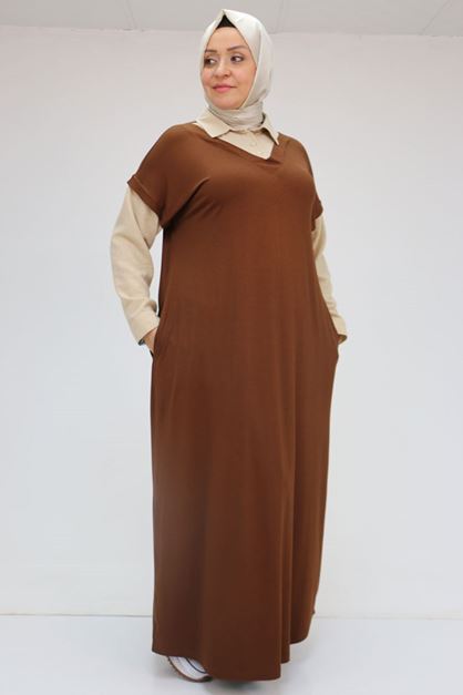 52009 Büyük Beden Kol Ve Yaka Garnili Penye Elbise - Kahve-Bej