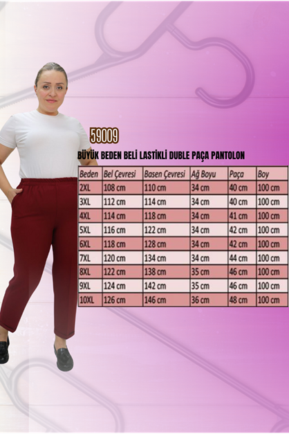59009 Büyük Beden Beli Lastikli Duble Paça Pantolon - Bordo