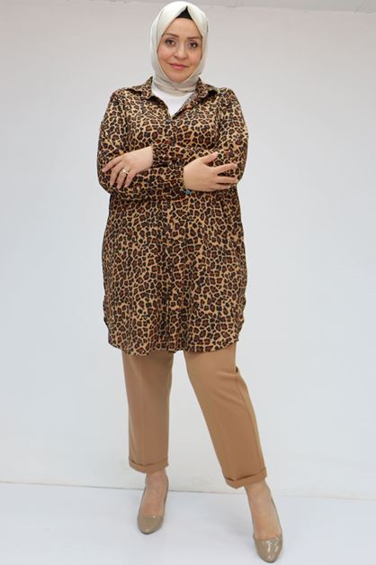 58031 Büyük Beden Erkek Yakalı Desenli Bürümcük Gömlek Tunik - Siyah-Leopar