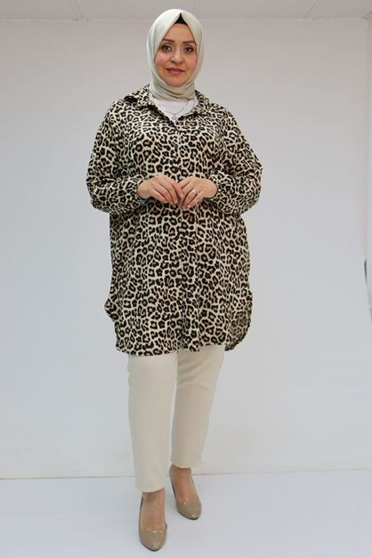 58031 Büyük Beden Erkek Yakalı Desenli Bürümcük Gömlek Tunik - Vizon-Bej