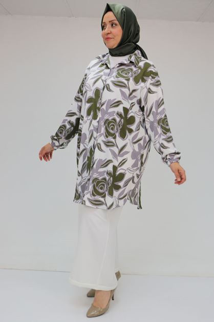 58031 Büyük Beden Erkek Yakalı Desenli Bürümcük Gömlek Tunik - Gri-Haki