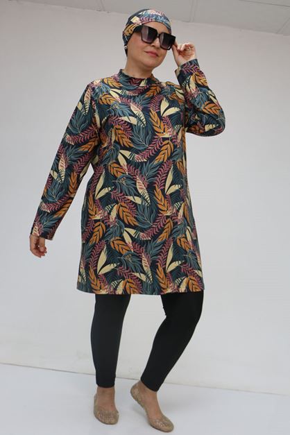 1727 Büyük Beden Uzunkol Tesettür Mayo Takım - Yaprak Desen Hardal