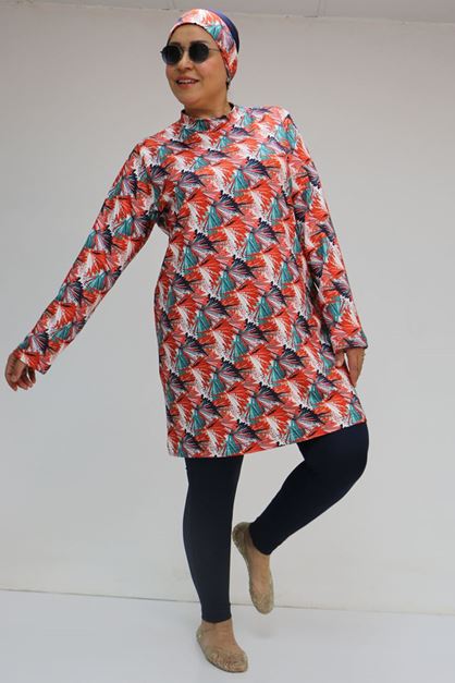 1727 Büyük Beden Uzunkol Tesettür Mayo Takım - Yaprak Desen Oranj