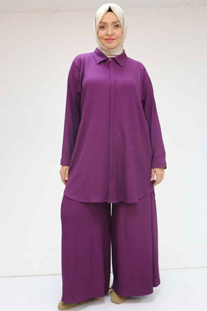 47073 Büyük Beden Bürümcük Pantolonlu Takım - Mürdüm