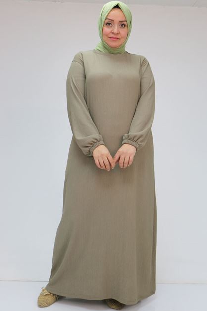 32025 Büyük Beden Bürümcük  Kolu Lastikli Elbise - Bej