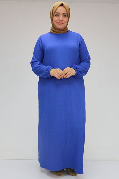 32025 Büyük Beden Bürümcük  Kolu Lastikli Elbise - Saks