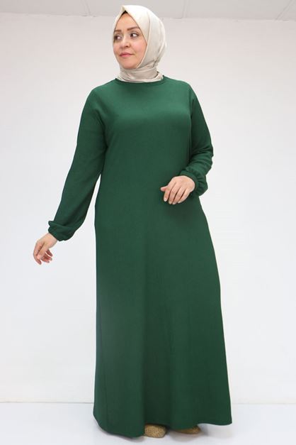 32025 Büyük Beden Bürümcük  Kolu Lastikli Elbise - Zümrüt