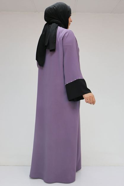 56008 Büyük Beden Kol Garnili Etamin Abaya Ferace - Lila-Siyah